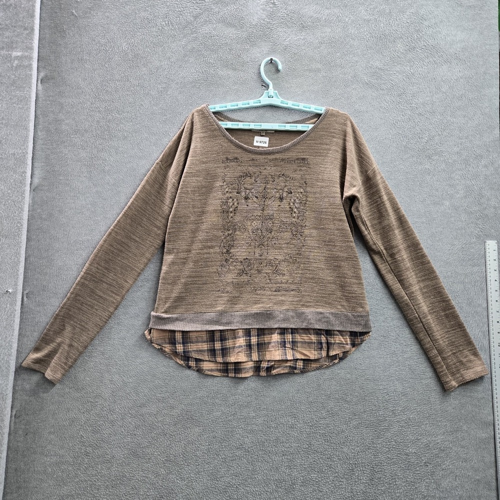 Miss Me‎ Women Sweatshirt XL Brown Plaid Floral Medallion Layered Look Grunge
